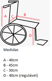 A (altura do encosto ): 40cm; B (comprimento do assento): 45cm; C (largura do encosto): 30cm; D (altura do apoio para pés): 40cm - regulável