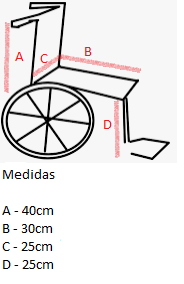 A (altura do encosto ): 40cm; B (comprimento do assento): 30cm; C (largura do encosto): 25cm; D (altura do apoio para pés): 25cm