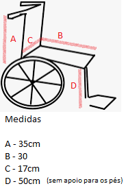 A (altura do encosto ): 35cm; B (comprimento do assento): 30cm; C (largura do encosto): 17cm; D (altura do apoio para pés): 50cm