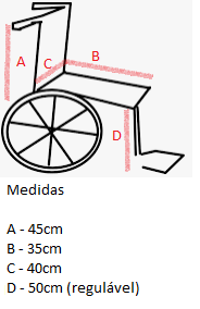 A (altura do encosto ): 45cm; B (comprimento do assento): 35cm; C (largura do encosto): 40cm; D (altura do apoio para pés): 50cm - Regulável