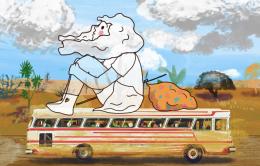 cartaz documentário, ilustração de um ônibus com uma menina sentada em cima 