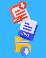 Imagem com fundo azul, um ícone de arquivo pdf, um ícone de arquivo jpg e um ícone de pasta de arquivos com uma seta representando download.